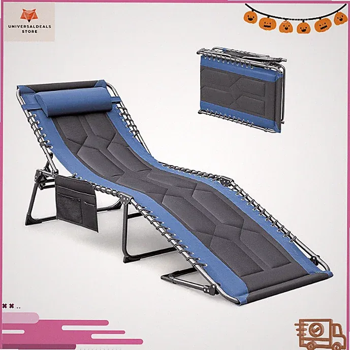 4 Fold Portable Chaise Lounge Reclining Chair w Pillow Pocket Blue