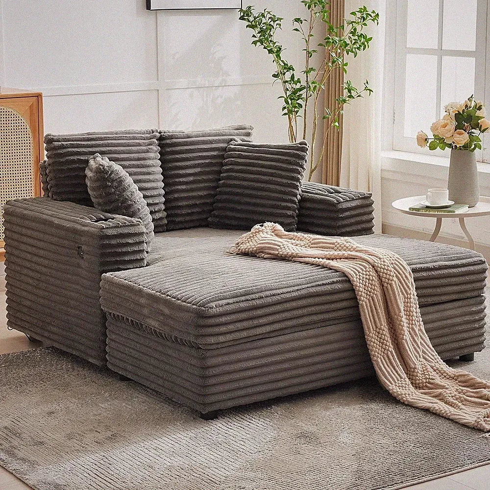 60 Inch Indoor Chaise Lounge, Comfortable Corduroy Reclining Sofa with USB Ports