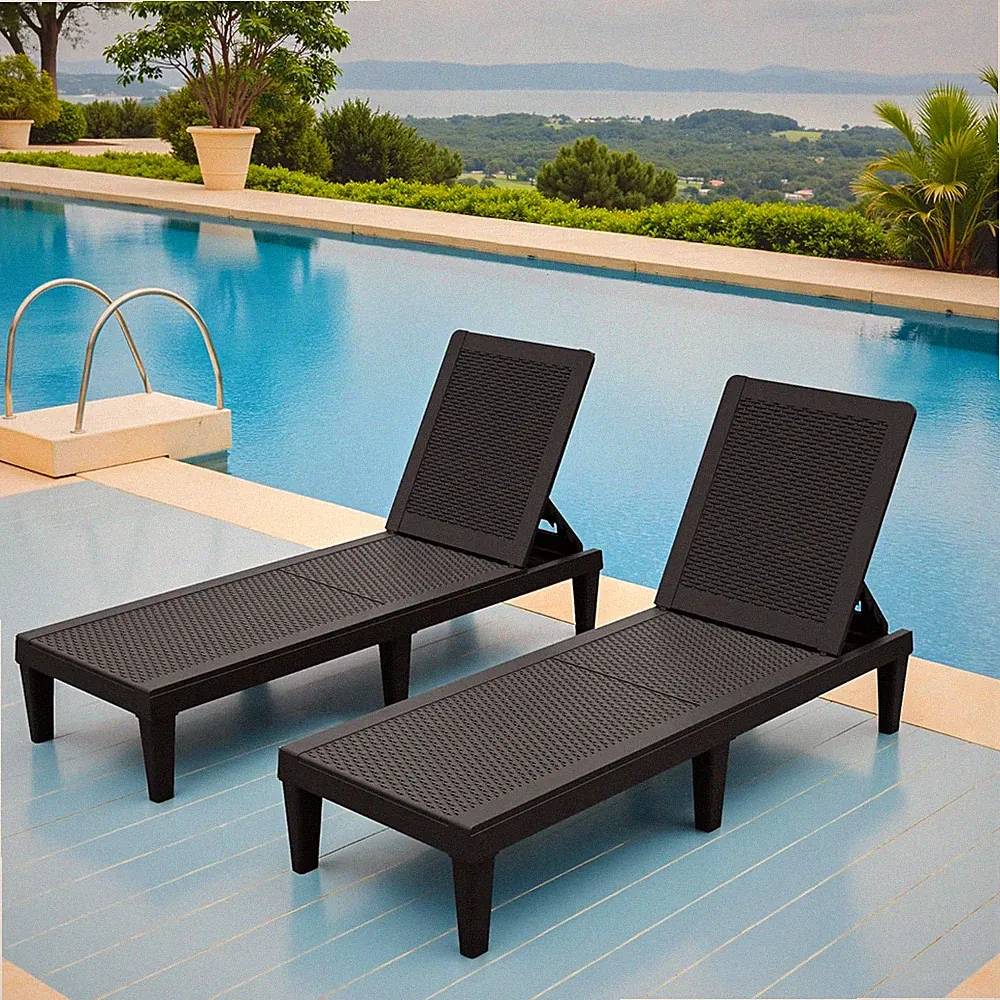 Adjustable Outdoor Chaise Lounge Chairs Set of 2 for Pool Beach Patio Black