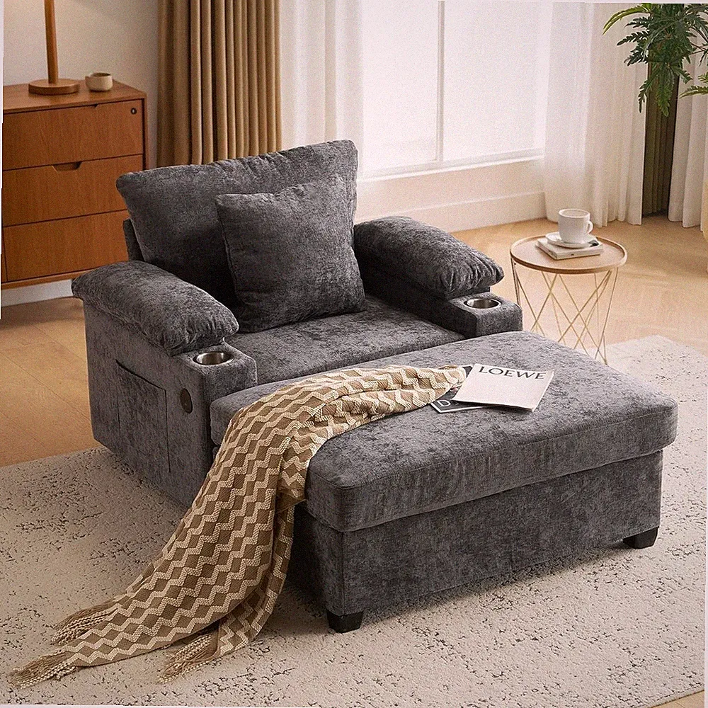 38.6"W Chenille Sofa Chaise Lounge Chair Indoor with Ottoman & USB Port