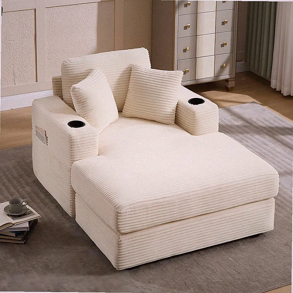 Oversized Corduroy Chaise Lounge Chair Indoor with Cup Holders Reclining Chair